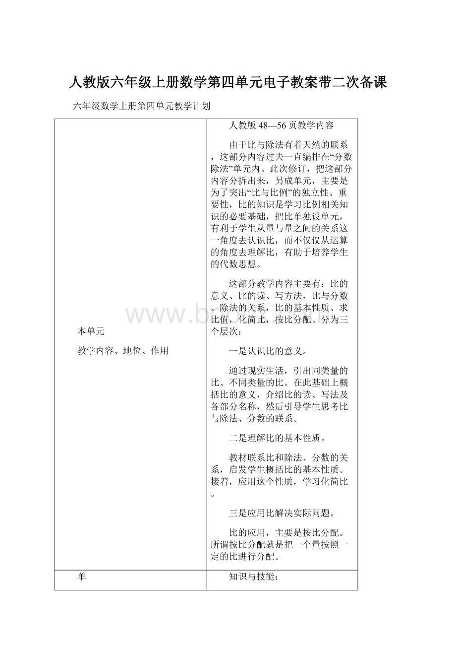 人教版六年级上册数学第四单元电子教案带二次备课Word格式.docx