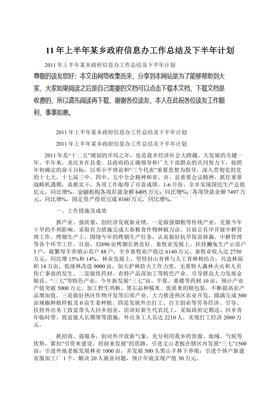 11年上半年某乡政府信息办工作总结及下半年计划文档格式.docx_第1页