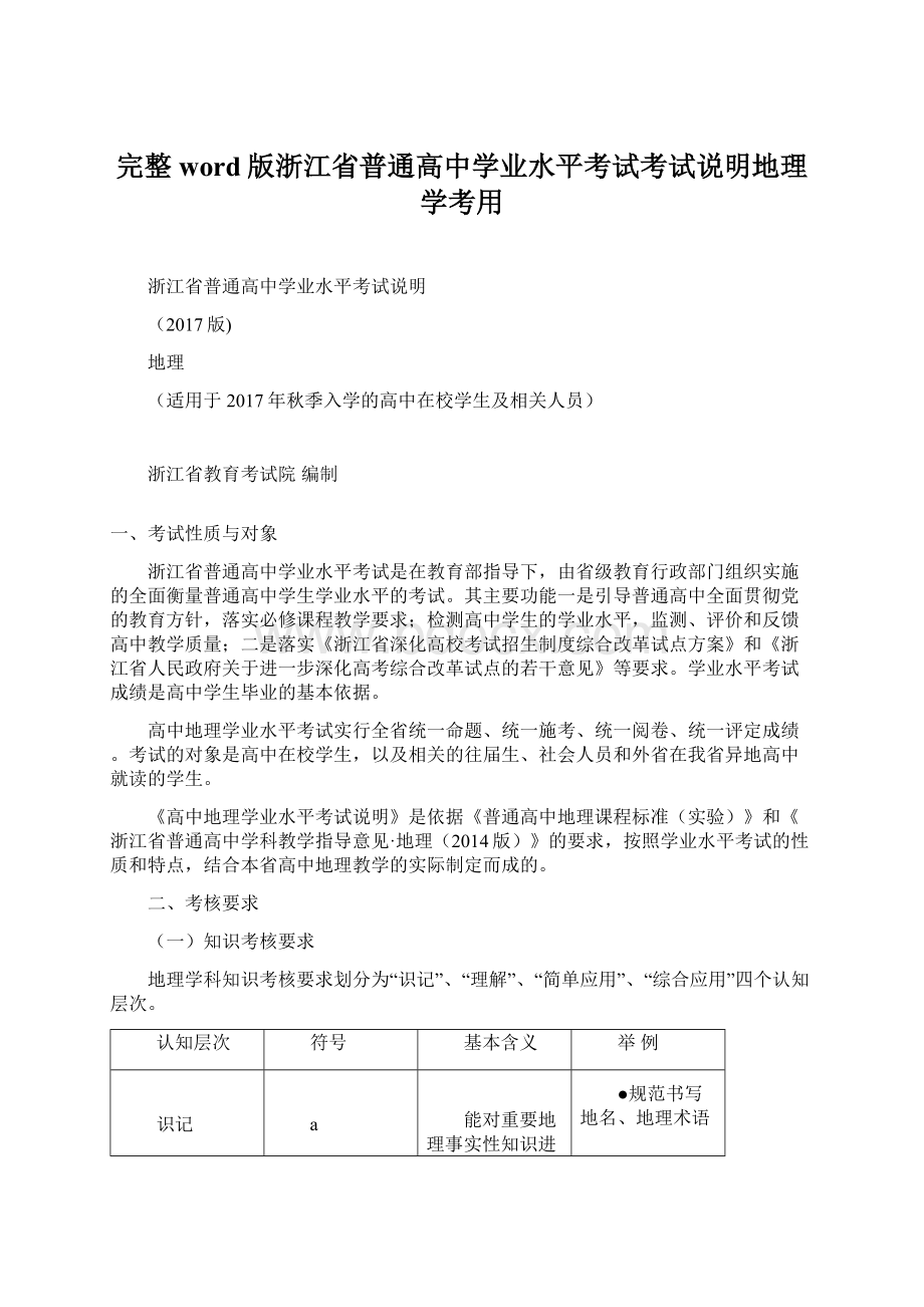 完整word版浙江省普通高中学业水平考试考试说明地理学考用.docx