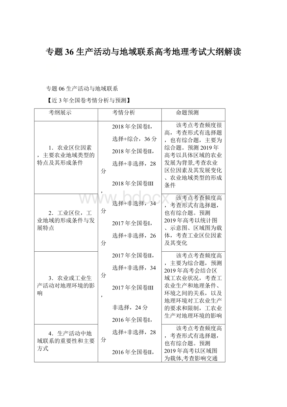 专题36 生产活动与地域联系高考地理考试大纲解读.docx