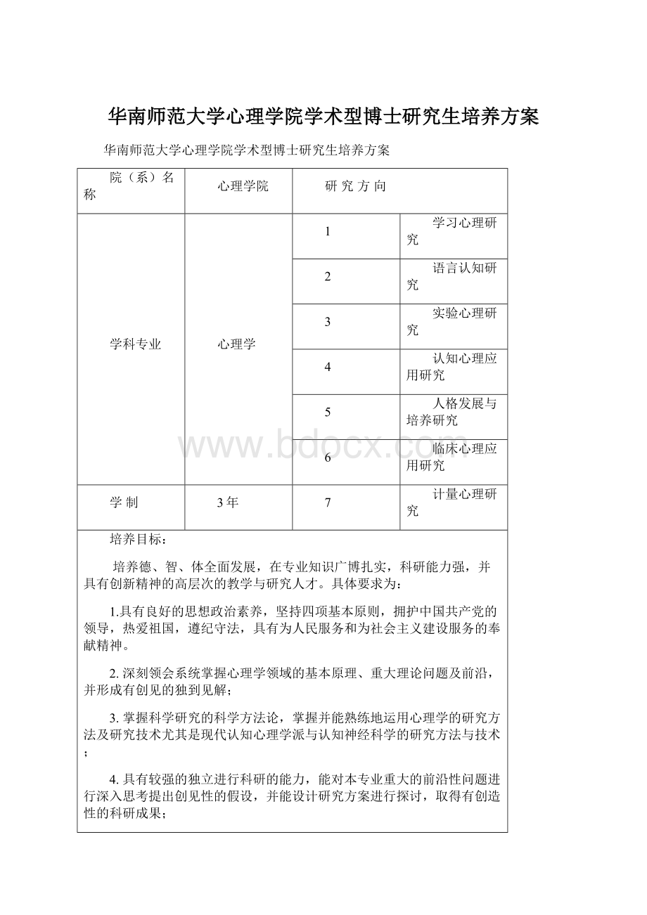 华南师范大学心理学院学术型博士研究生培养方案Word格式.docx_第1页