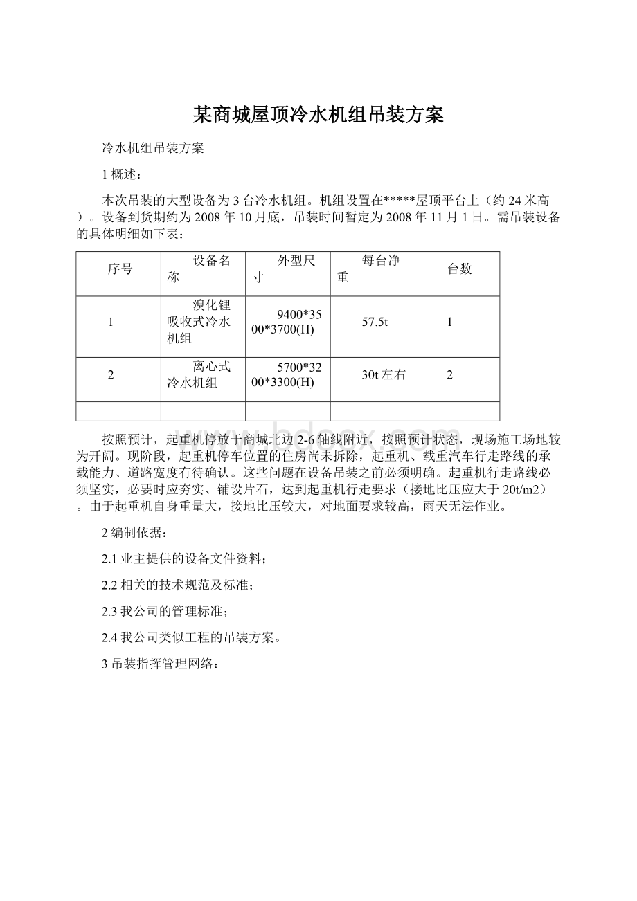 某商城屋顶冷水机组吊装方案Word下载.docx