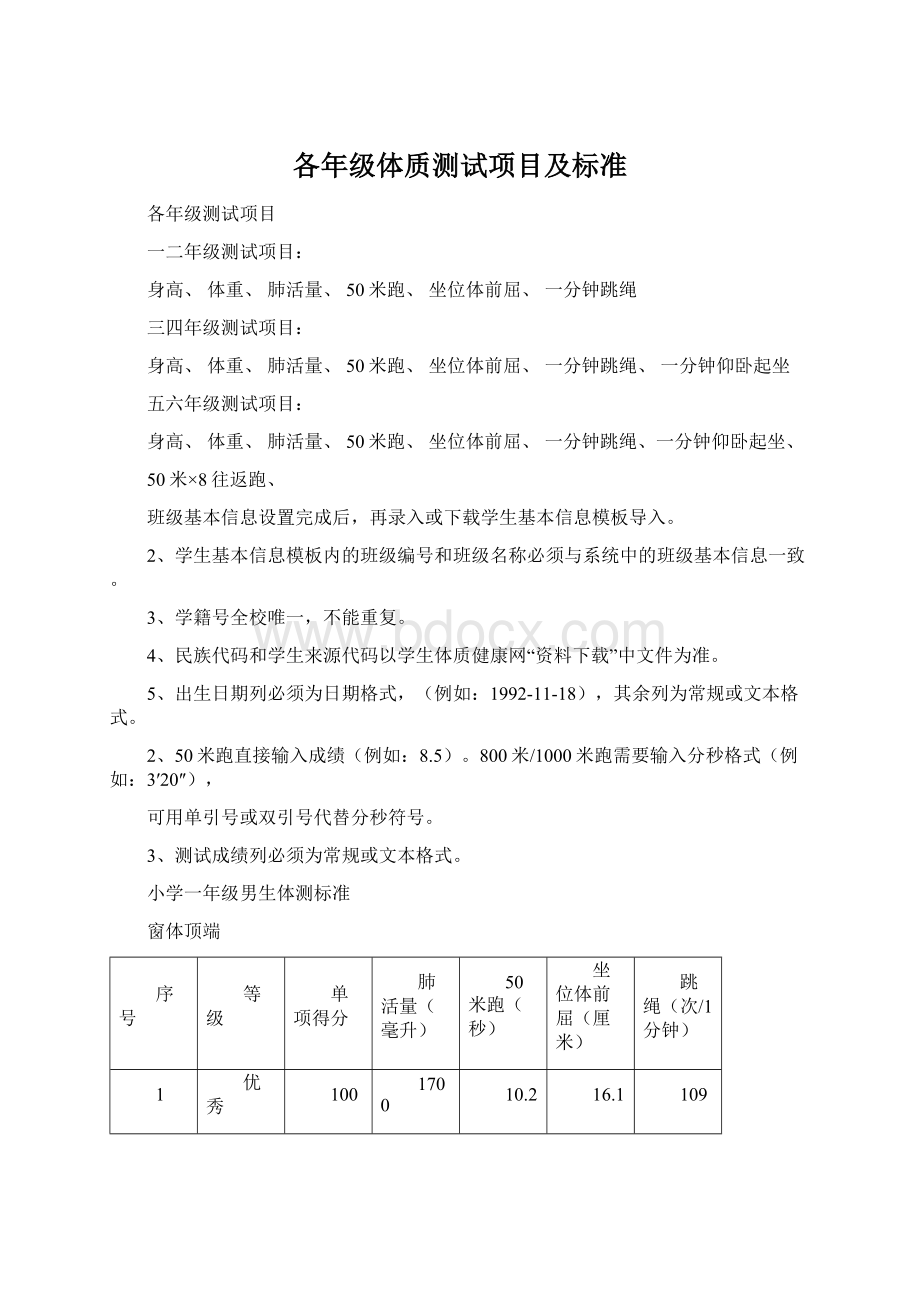 各年级体质测试项目及标准.docx_第1页