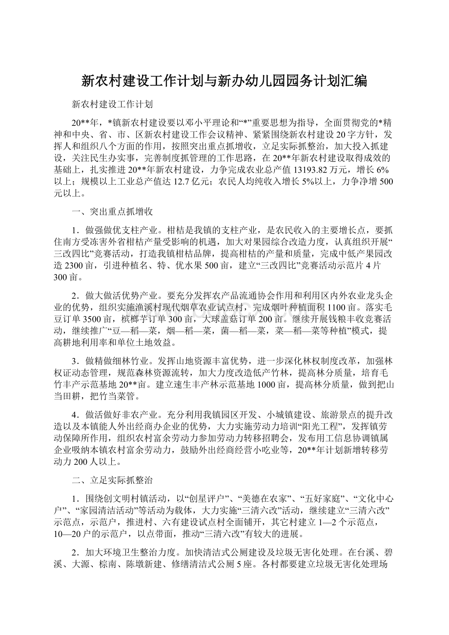 新农村建设工作计划与新办幼儿园园务计划汇编Word下载.docx_第1页