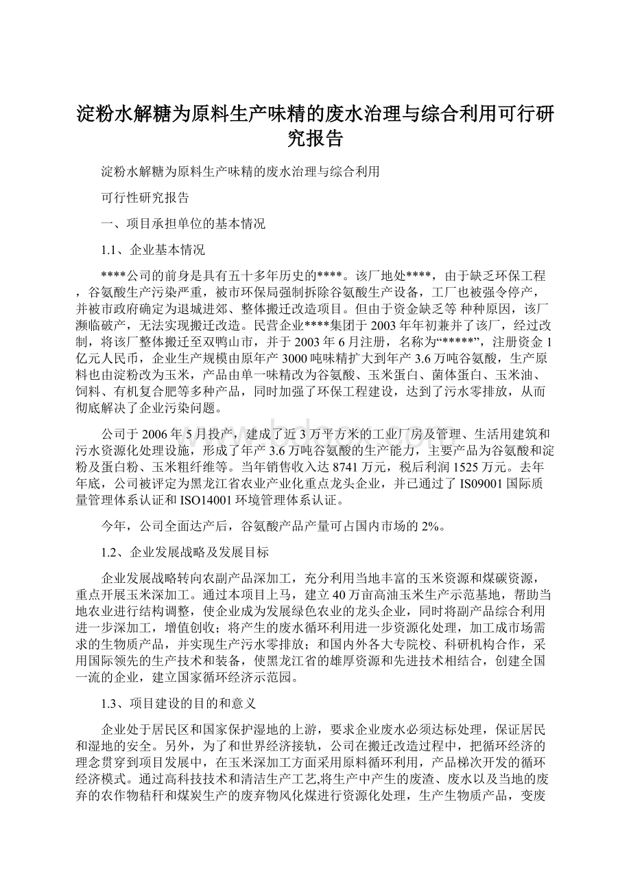 淀粉水解糖为原料生产味精的废水治理与综合利用可行研究报告.docx