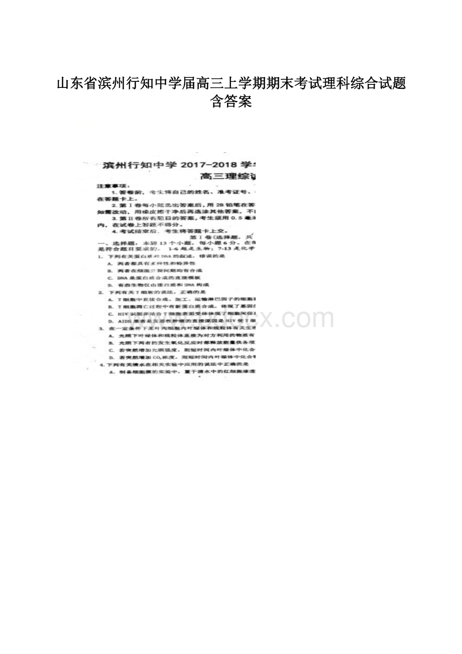 山东省滨州行知中学届高三上学期期末考试理科综合试题含答案.docx