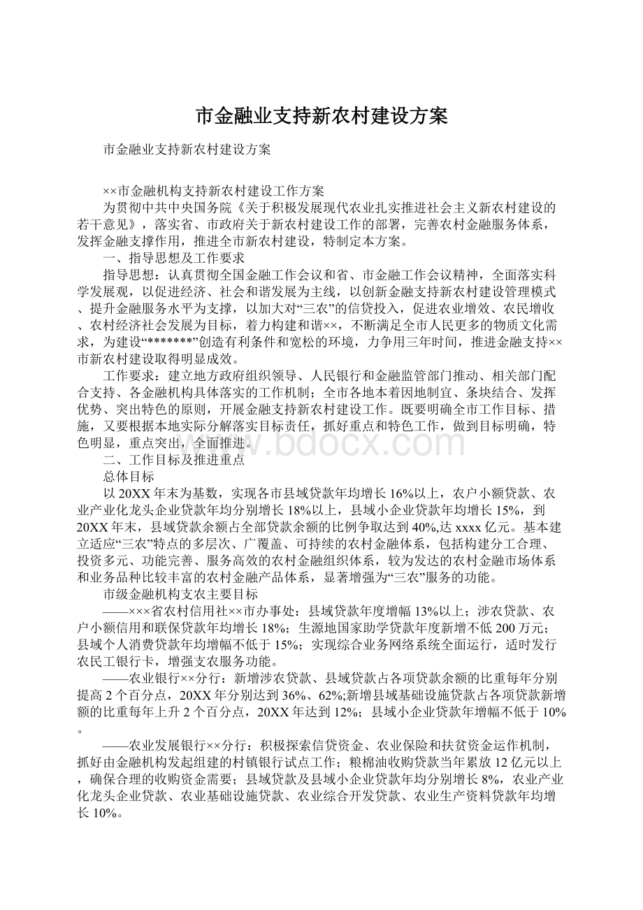 市金融业支持新农村建设方案Word下载.docx