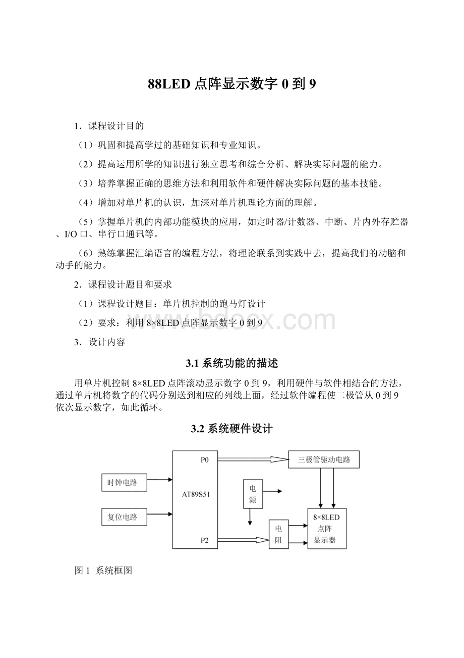 88LED点阵显示数字0到9.docx_第1页