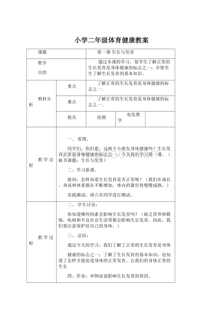 小学二年级体育健康教案.docx