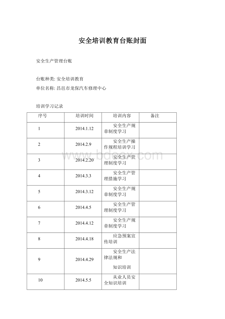 安全培训教育台账封面Word文件下载.docx_第1页