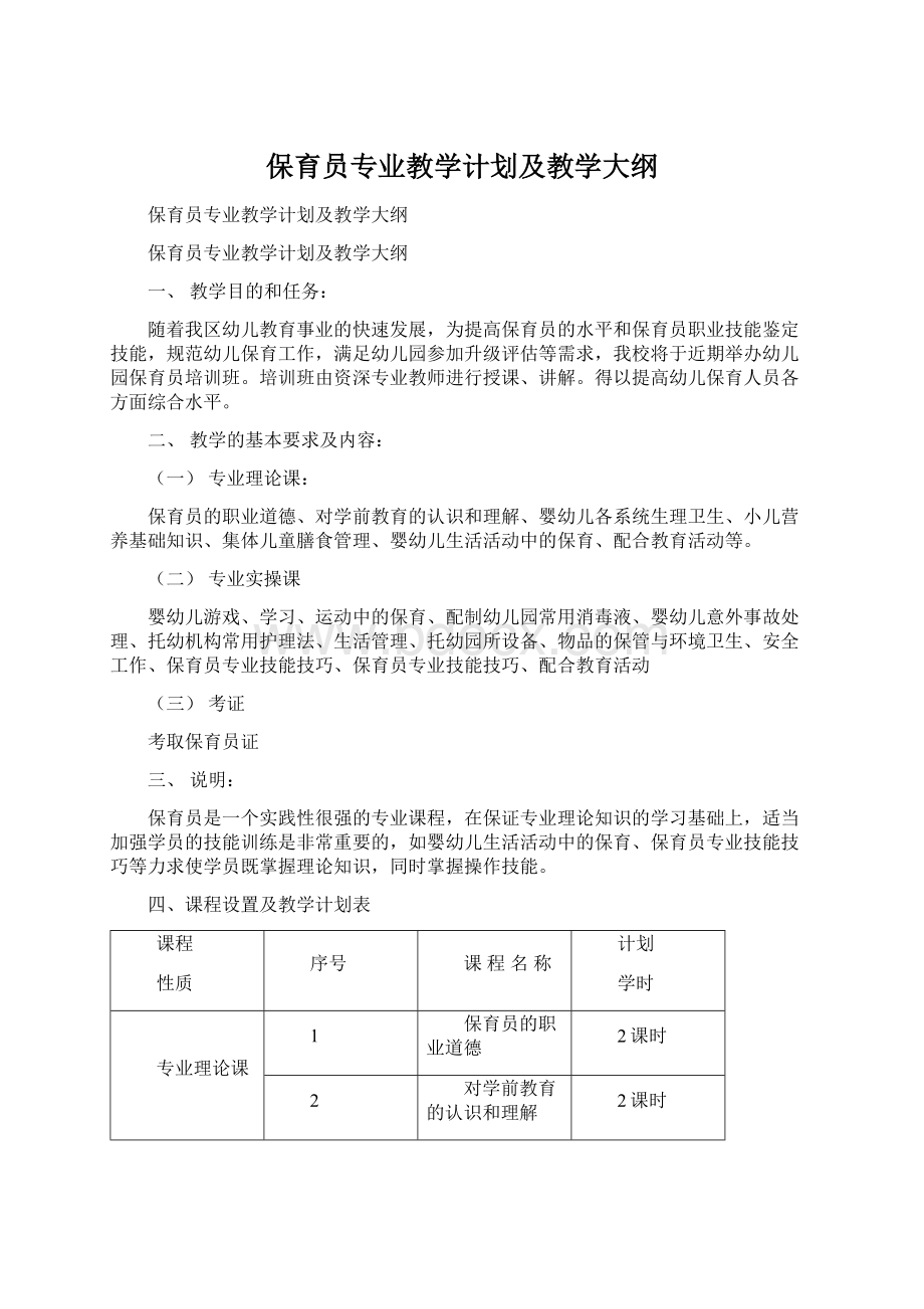 保育员专业教学计划及教学大纲.docx_第1页