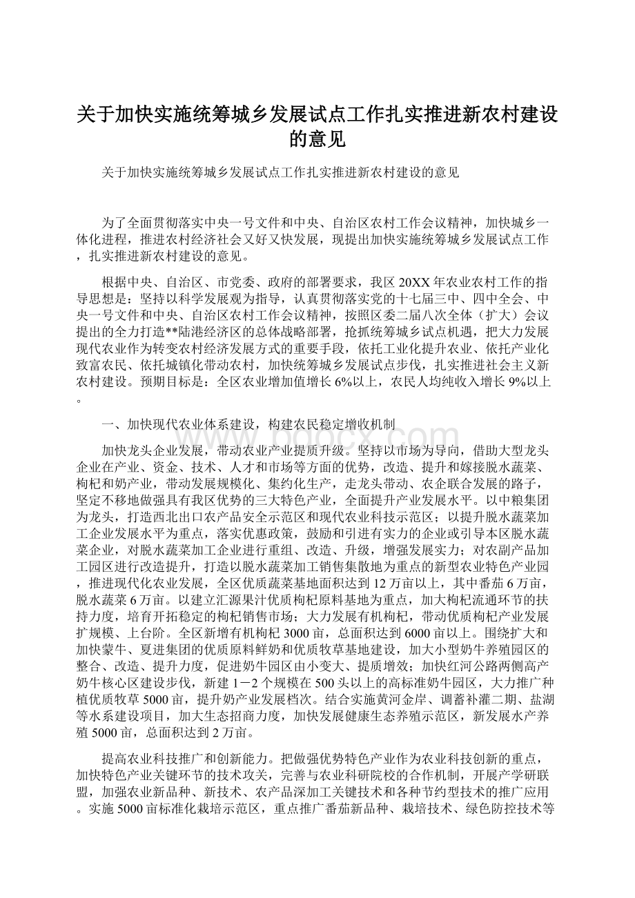 关于加快实施统筹城乡发展试点工作扎实推进新农村建设的意见Word文档格式.docx