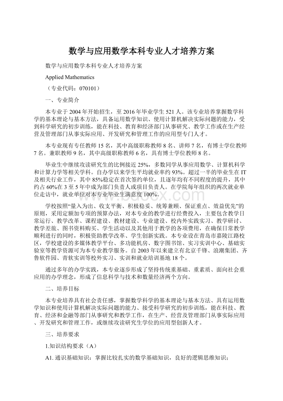 数学与应用数学本科专业人才培养方案文档格式.docx