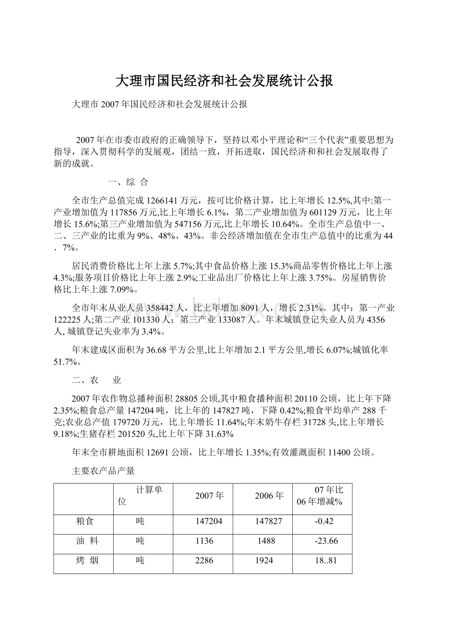 大理市国民经济和社会发展统计公报.docx_第1页