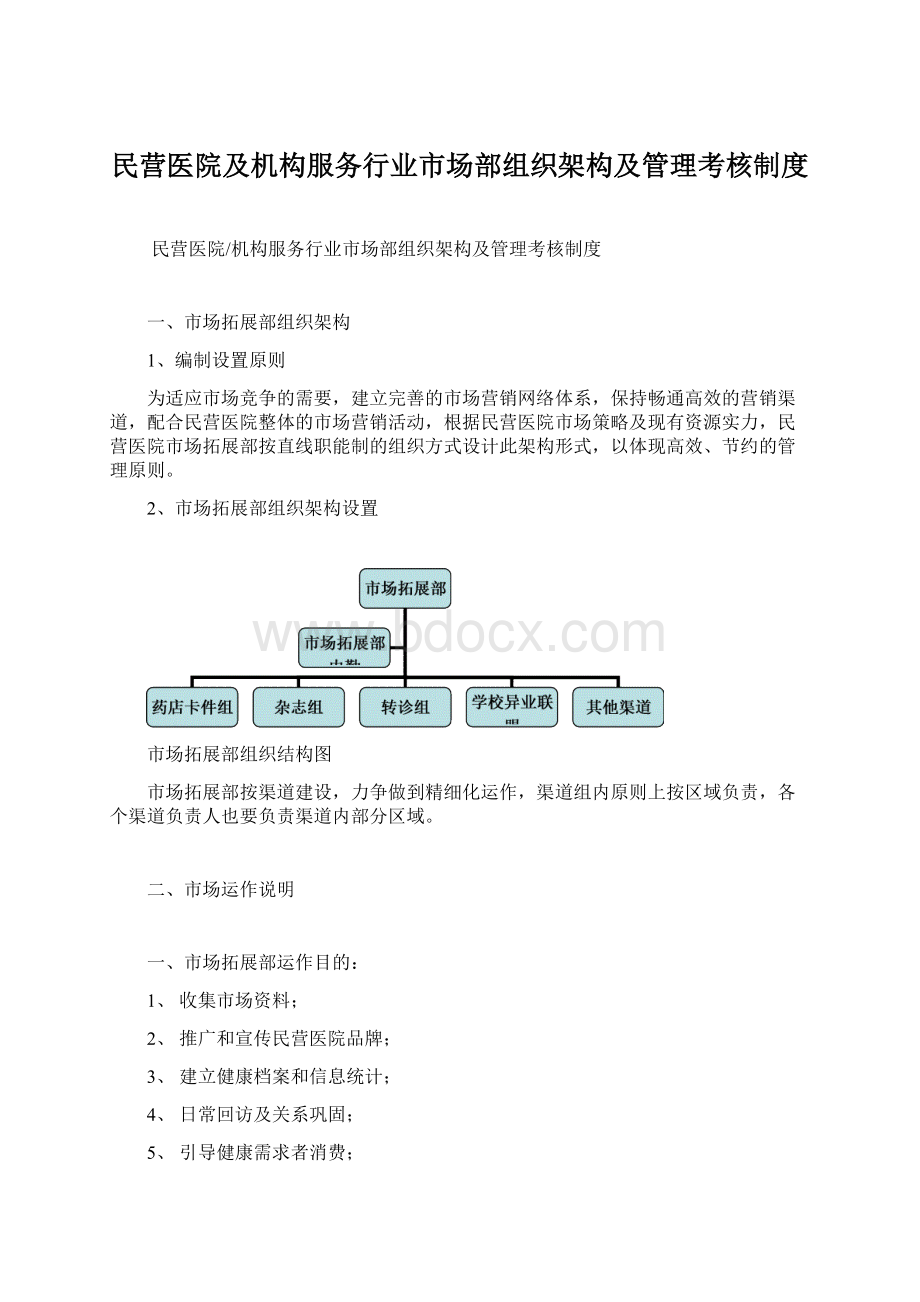 民营医院及机构服务行业市场部组织架构及管理考核制度Word文档下载推荐.docx