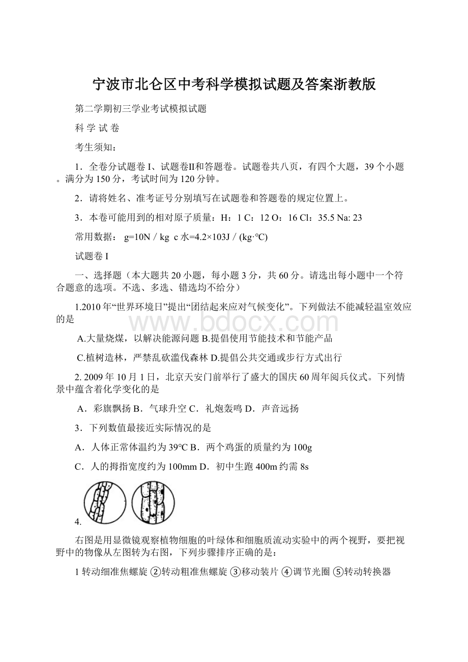 宁波市北仑区中考科学模拟试题及答案浙教版.docx_第1页