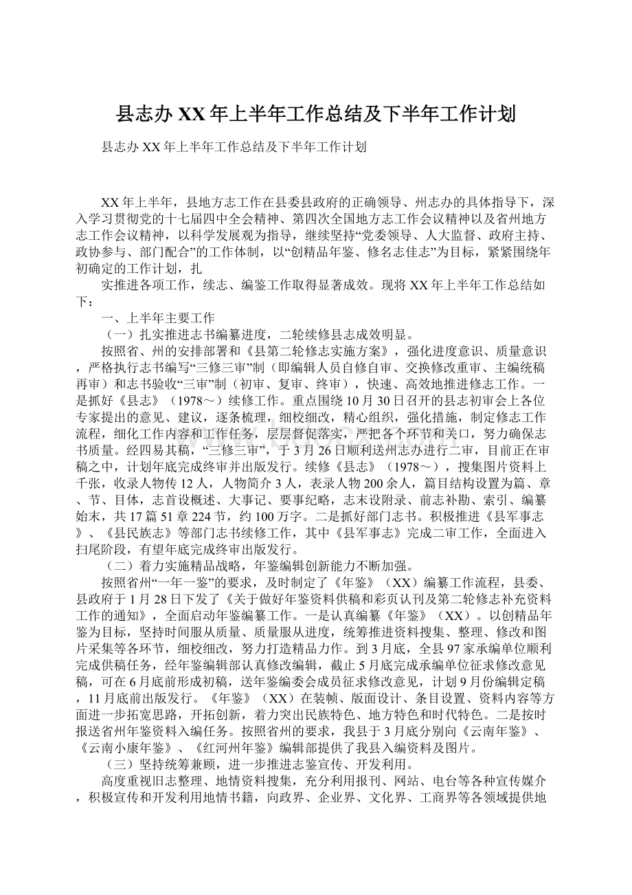 县志办XX年上半年工作总结及下半年工作计划.docx