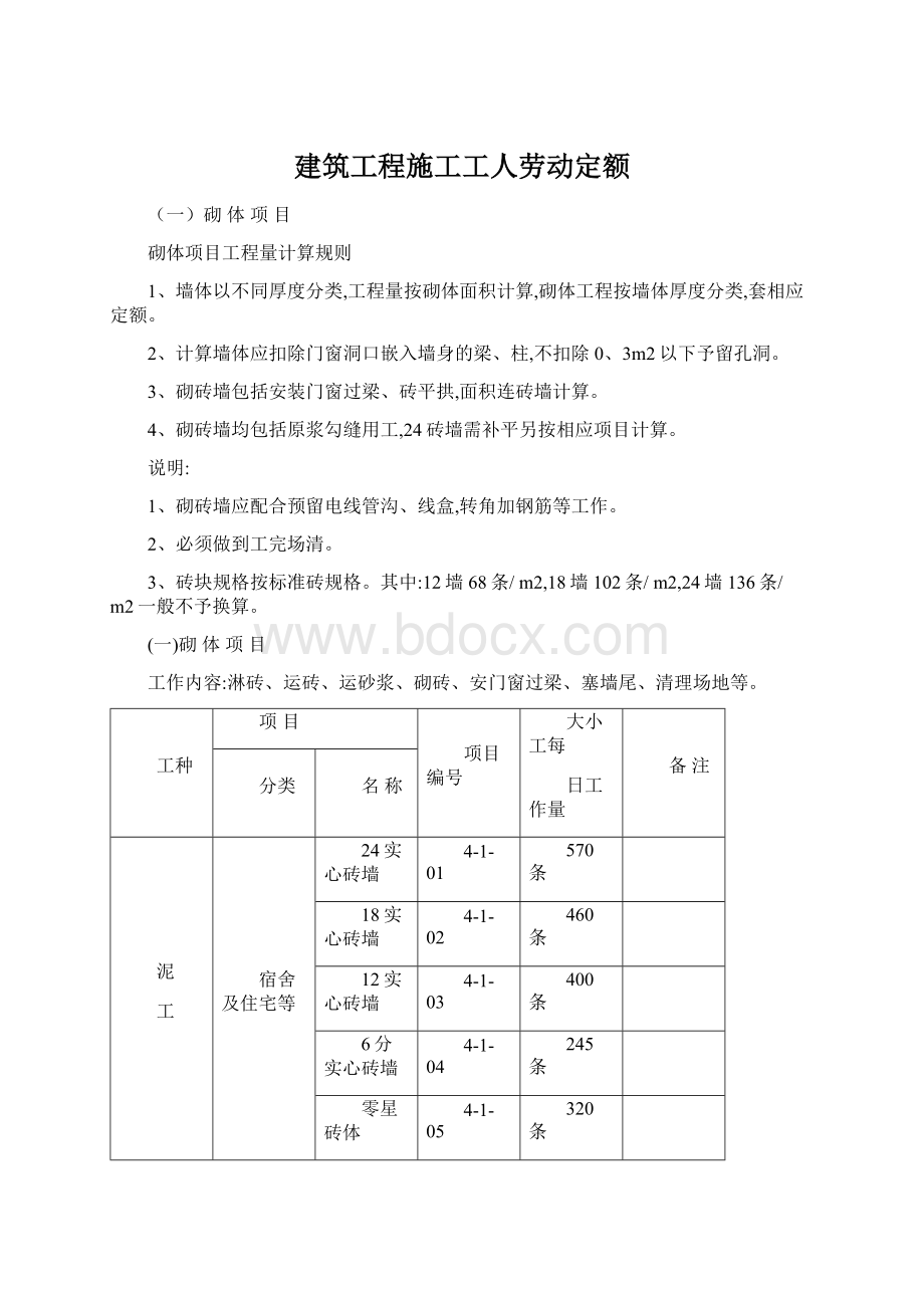 建筑工程施工工人劳动定额Word文档格式.docx