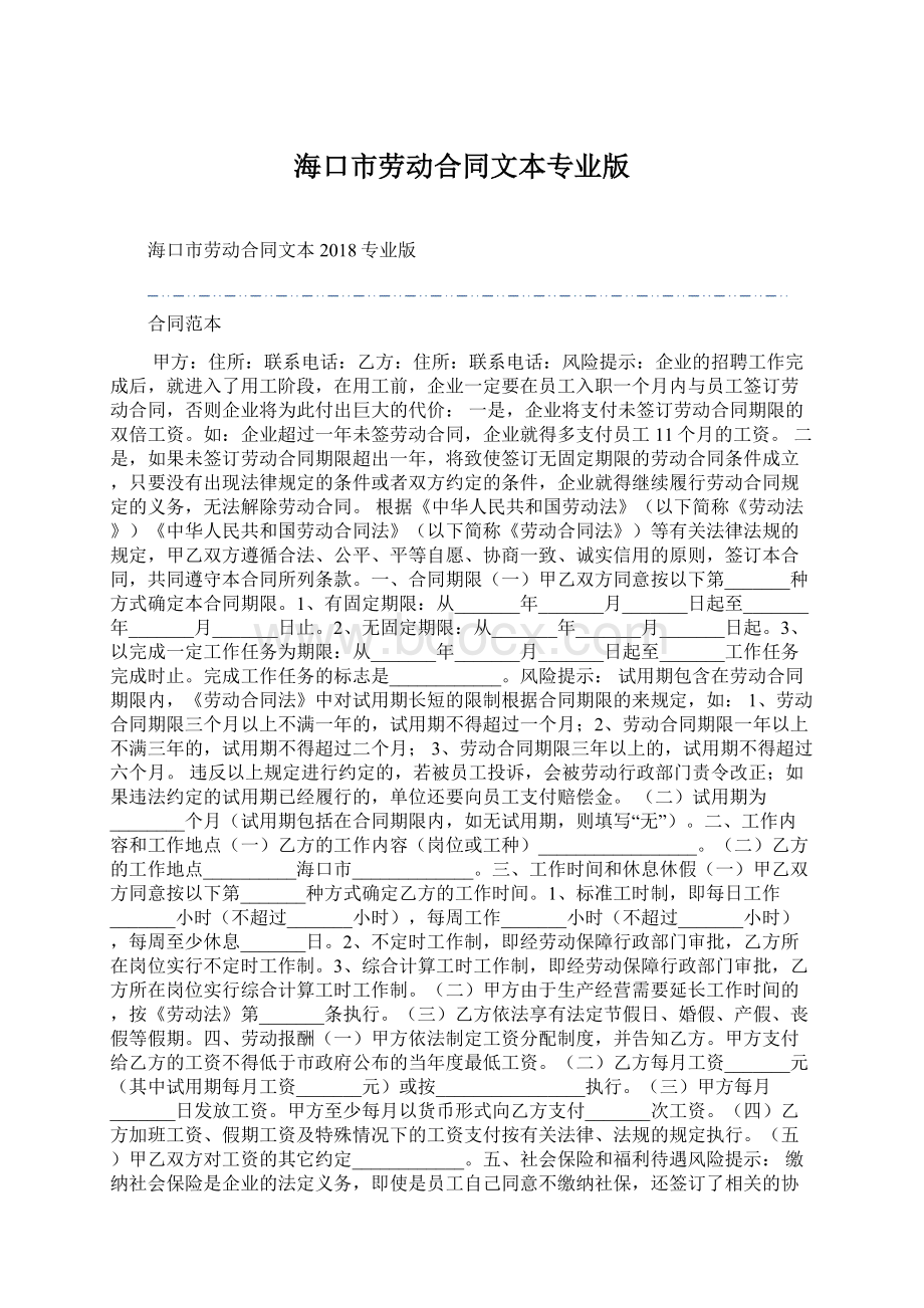 海口市劳动合同文本专业版文档格式.docx