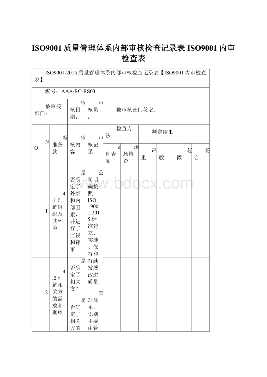 ISO9001质量管理体系内部审核检查记录表ISO9001内审检查表文档格式.docx