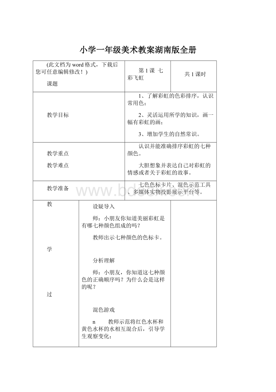 小学一年级美术教案湖南版全册.docx