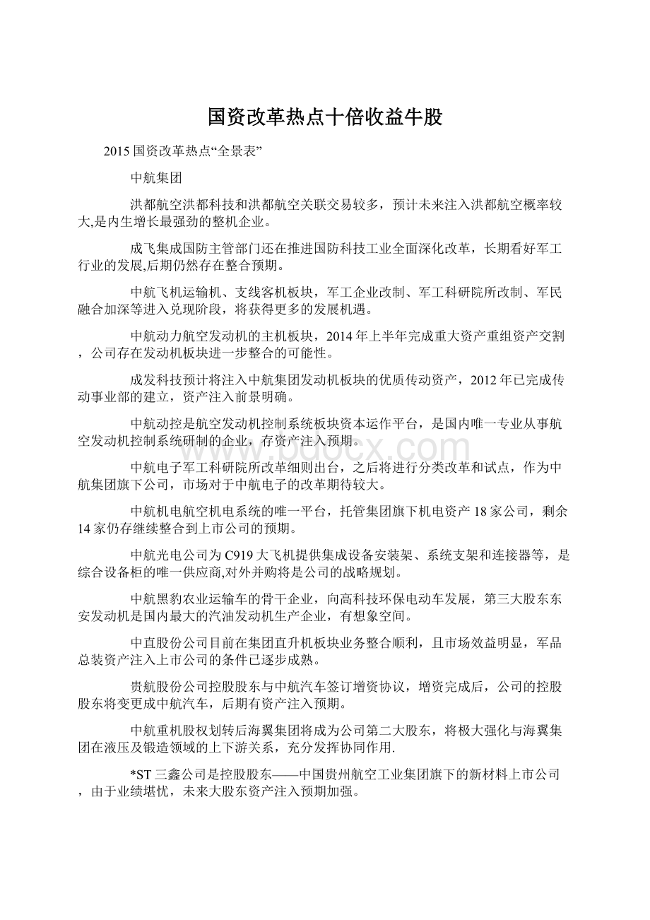 国资改革热点十倍收益牛股文档格式.docx