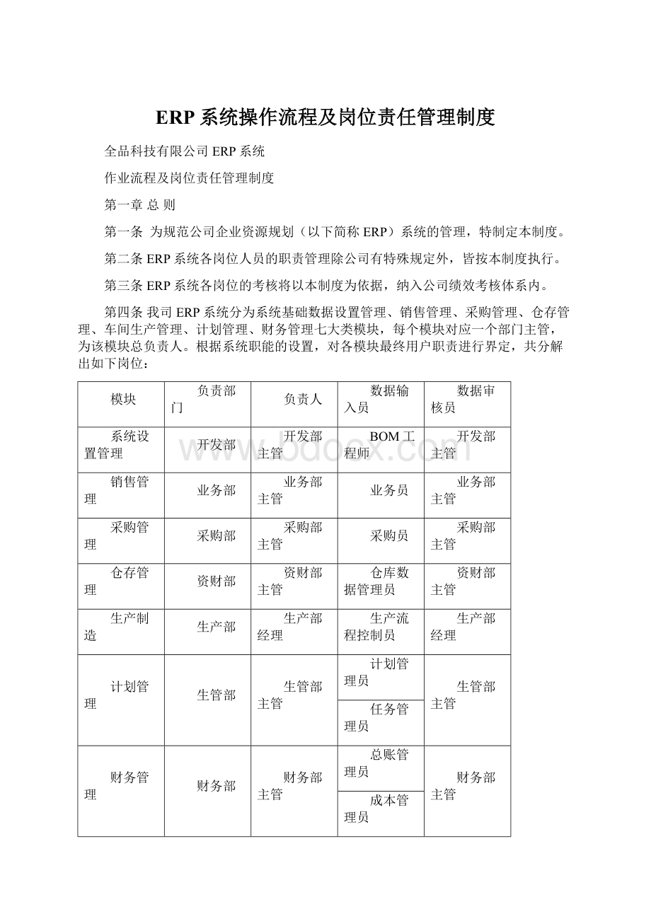 ERP系统操作流程及岗位责任管理制度.docx