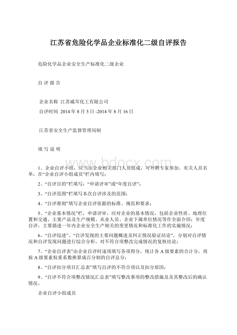 江苏省危险化学品企业标准化二级自评报告Word文件下载.docx