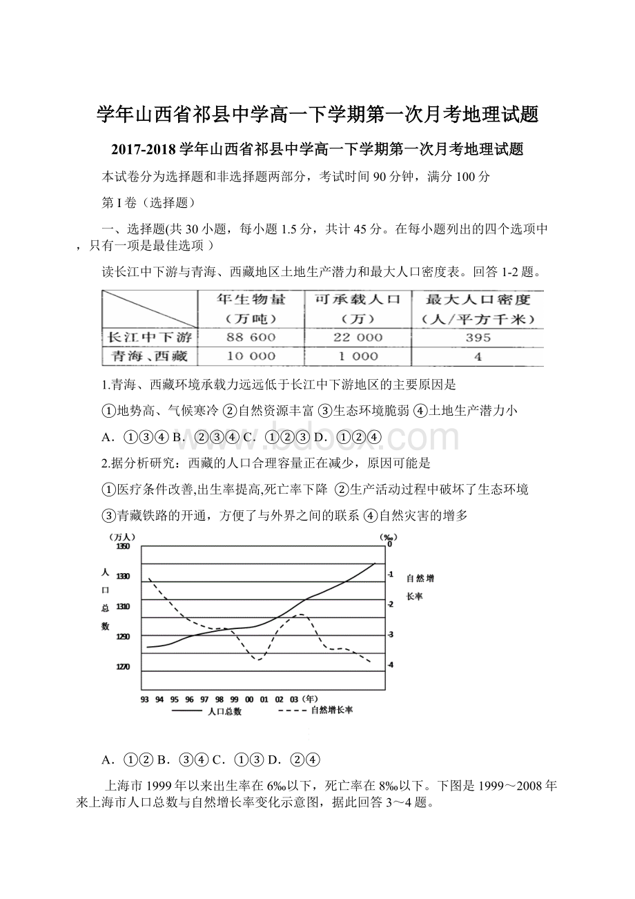 学年山西省祁县中学高一下学期第一次月考地理试题Word文档下载推荐.docx_第1页