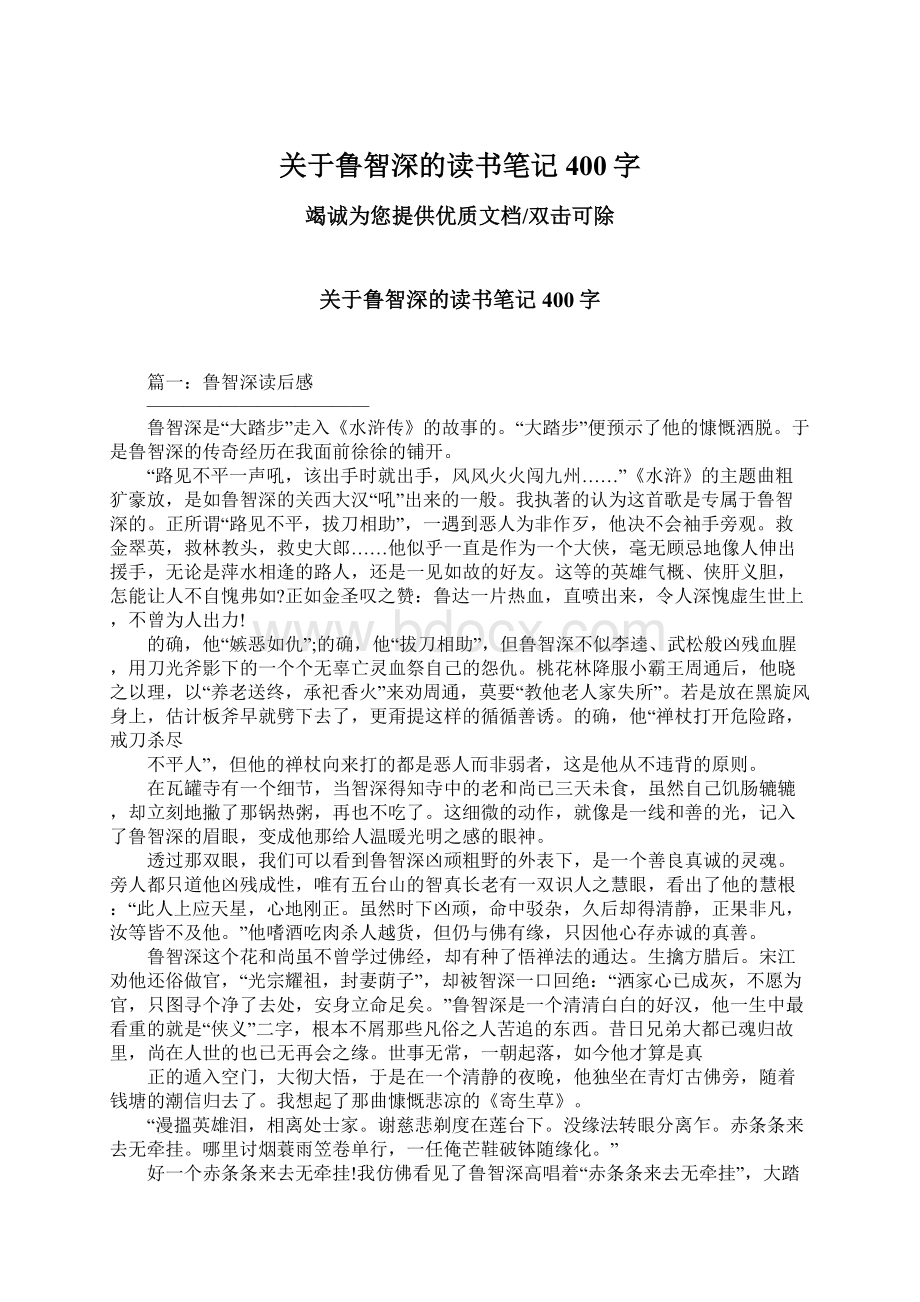 关于鲁智深的读书笔记400字Word文档格式.docx_第1页