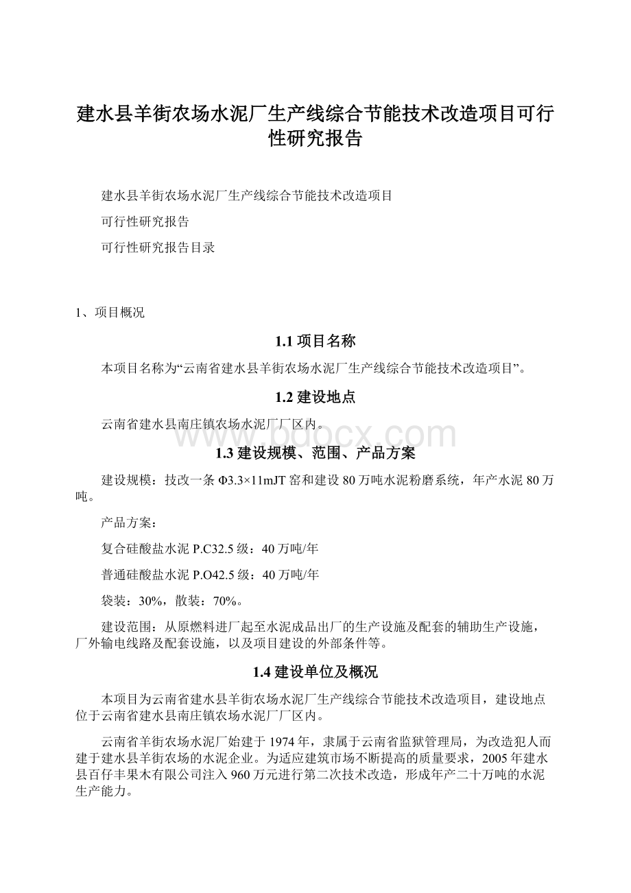 建水县羊街农场水泥厂生产线综合节能技术改造项目可行性研究报告.docx_第1页