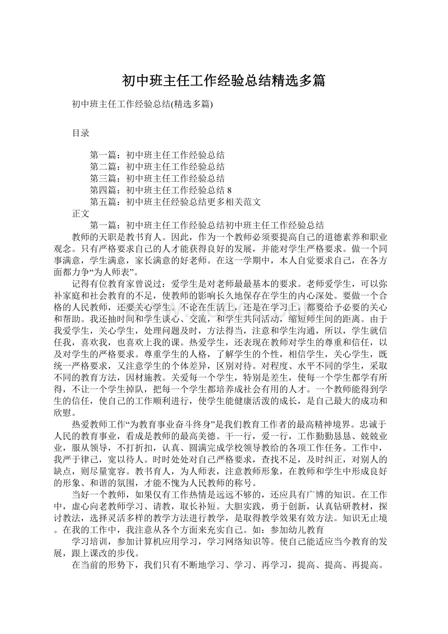 初中班主任工作经验总结精选多篇.docx