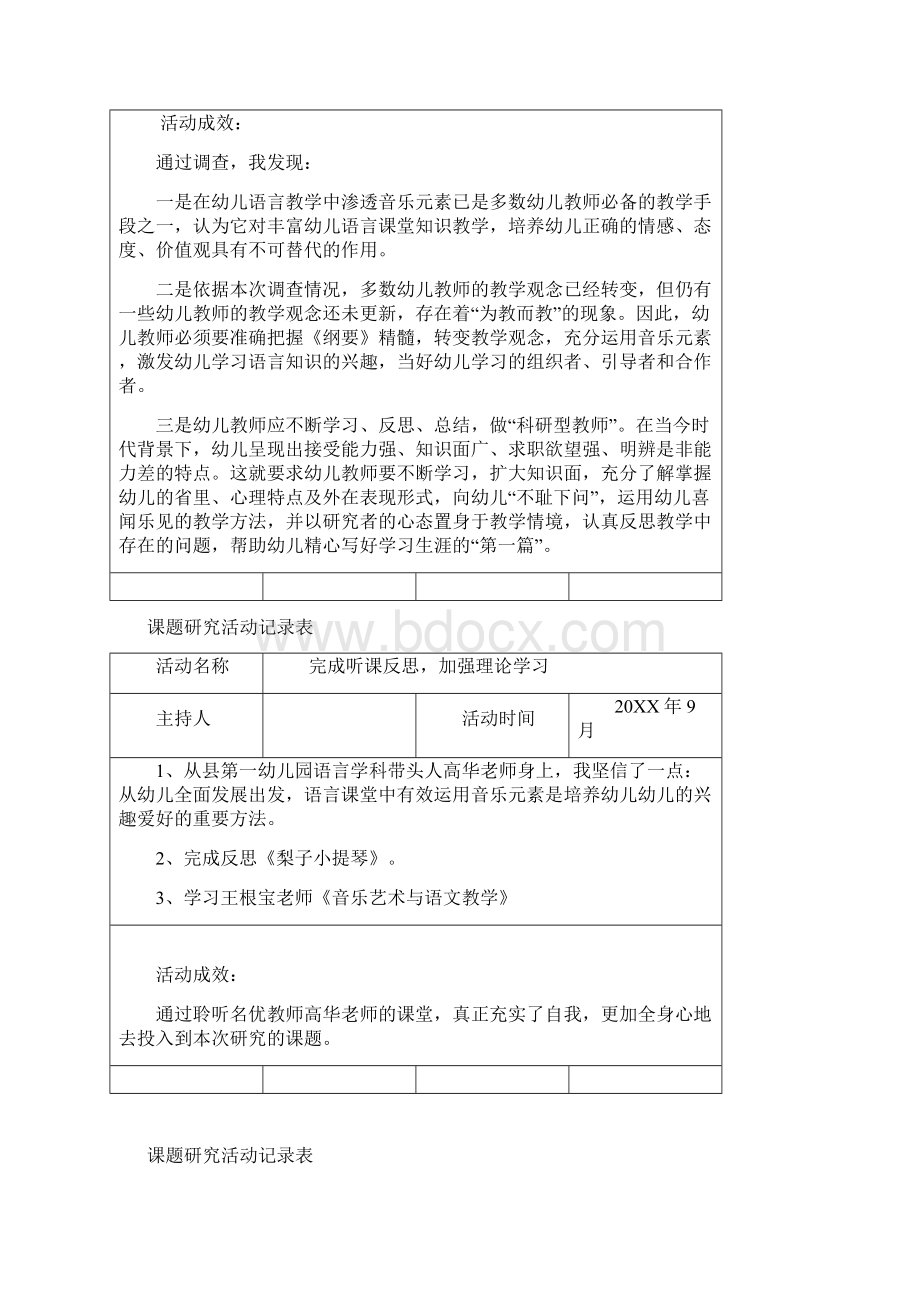 《音乐在幼儿语言教学渗透作用的研究》课题研究活动记录表Word文档下载推荐.docx_第3页