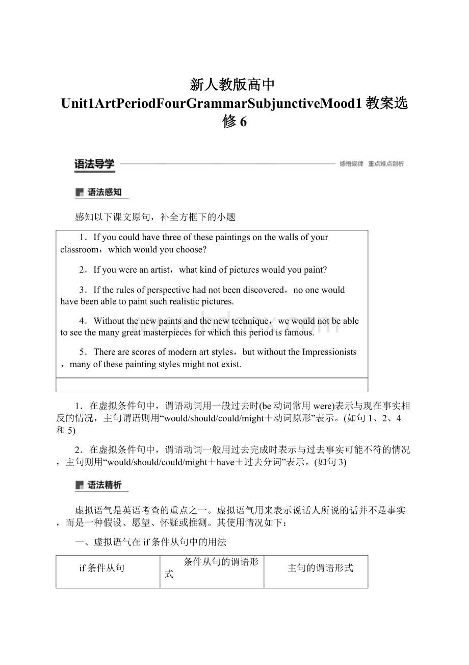 新人教版高中Unit1ArtPeriodFourGrammarSubjunctiveMood1教案选修6Word格式.docx_第1页