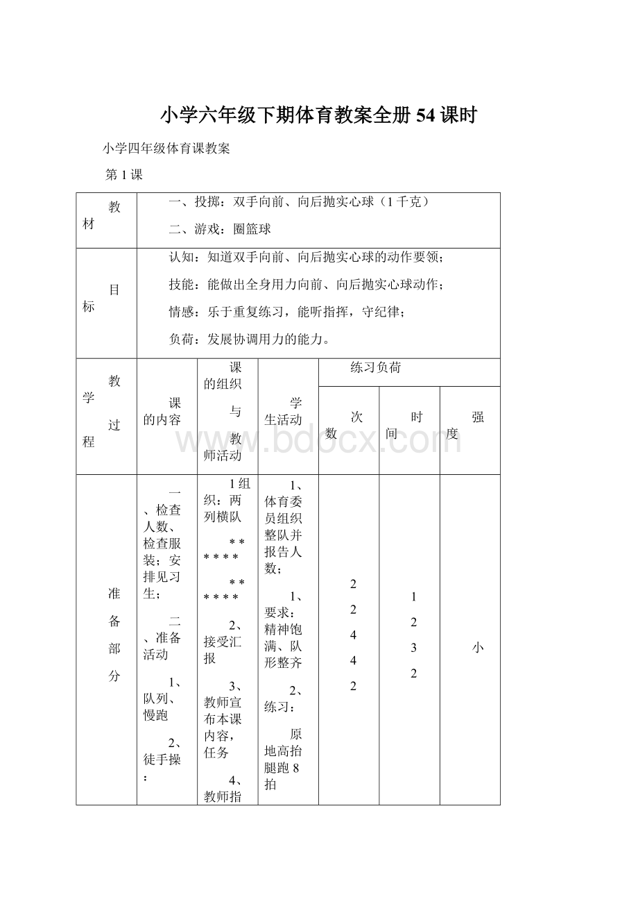 小学六年级下期体育教案全册54课时.docx_第1页