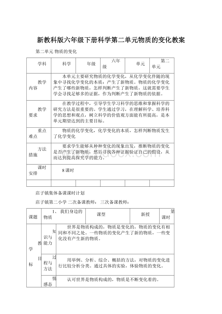 新教科版六年级下册科学第二单元物质的变化教案Word文档下载推荐.docx_第1页