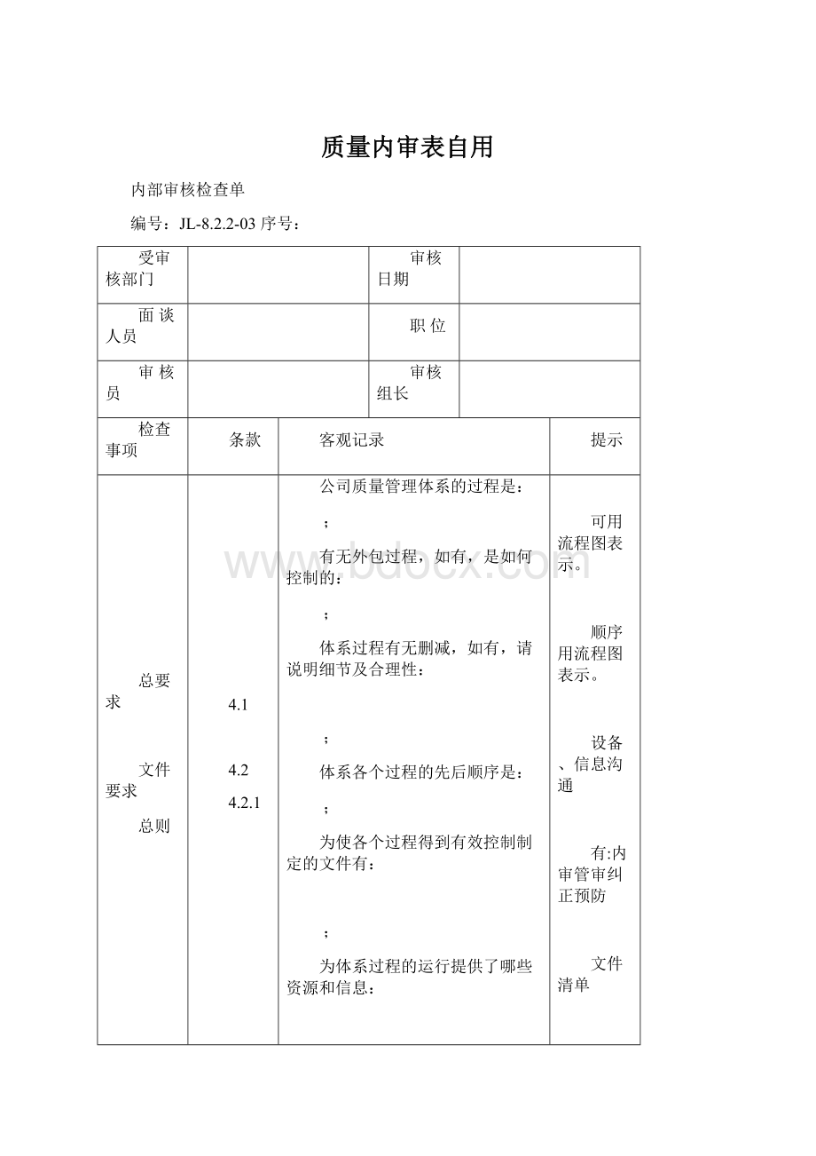 质量内审表自用Word文件下载.docx