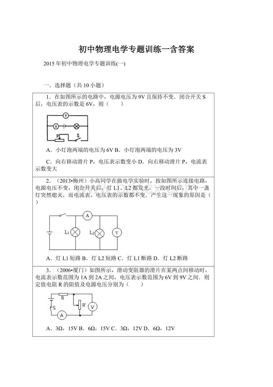 初中物理电学专题训练一含答案.docx_第1页