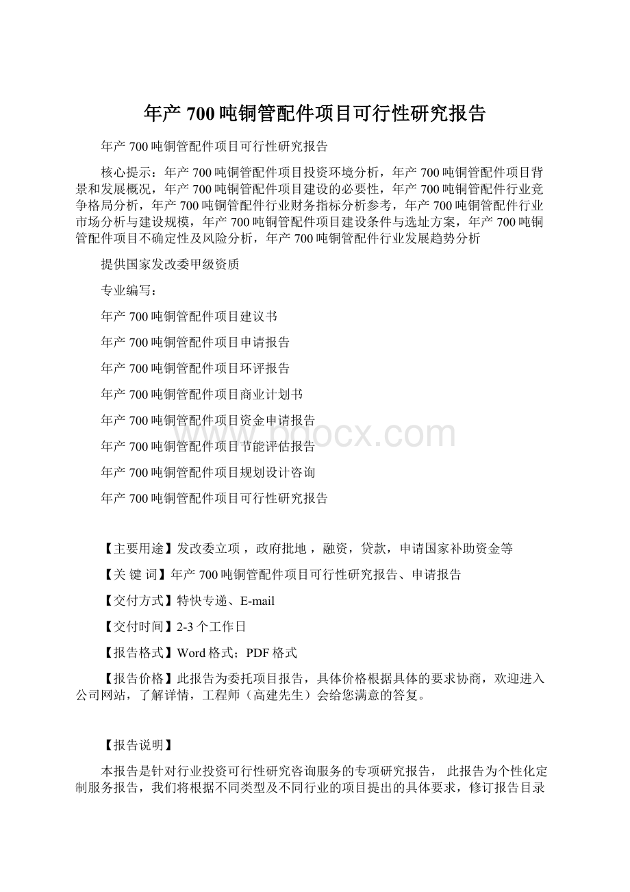 年产700吨铜管配件项目可行性研究报告Word文档格式.docx