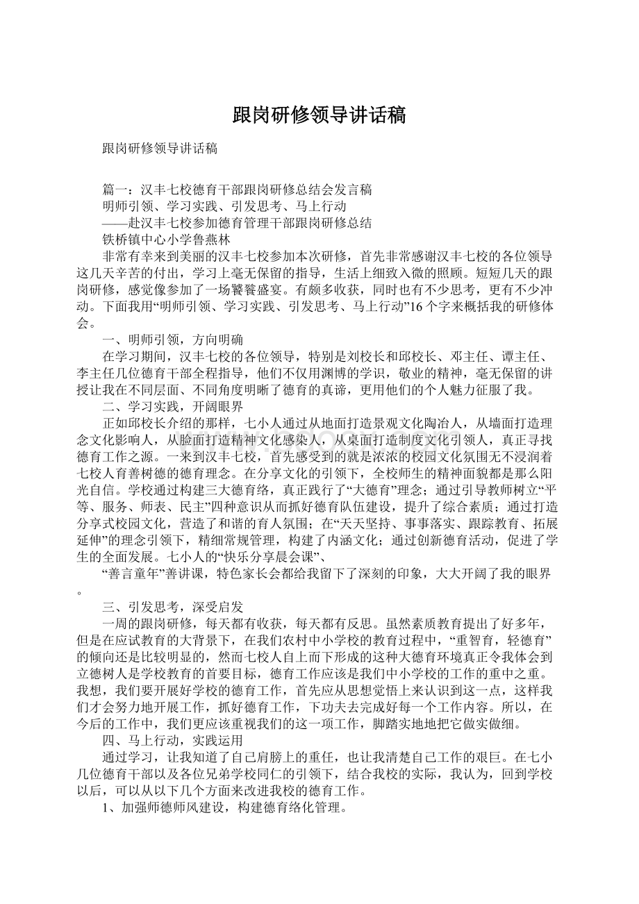 跟岗研修领导讲话稿Word格式文档下载.docx_第1页