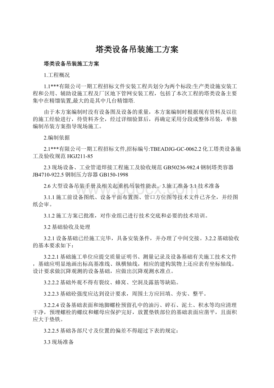 塔类设备吊装施工方案文档格式.docx