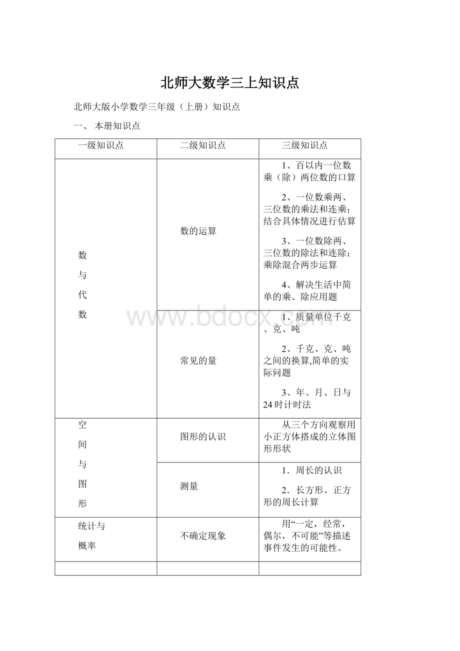 北师大数学三上知识点Word下载.docx