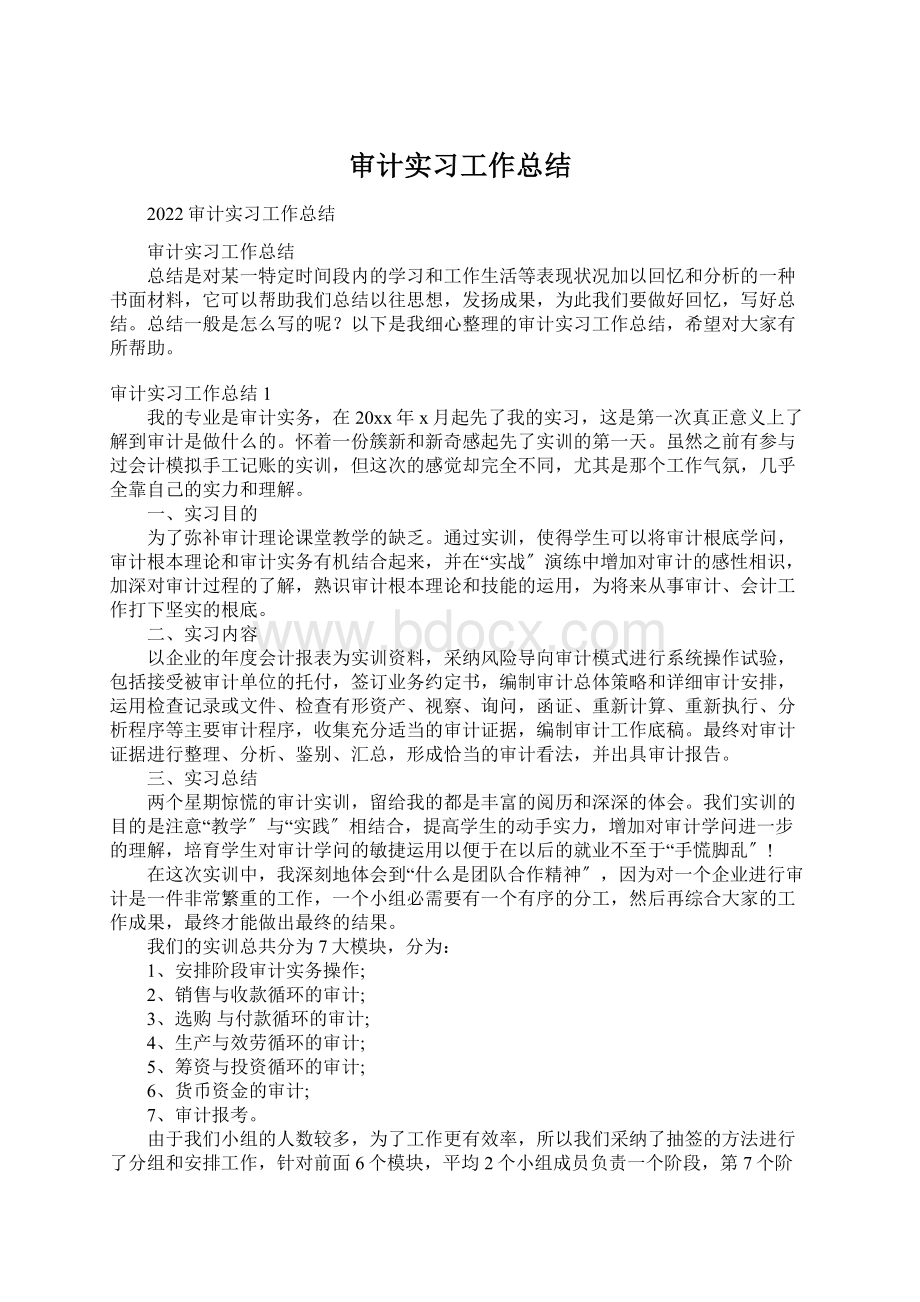 审计实习工作总结Word文档下载推荐.docx