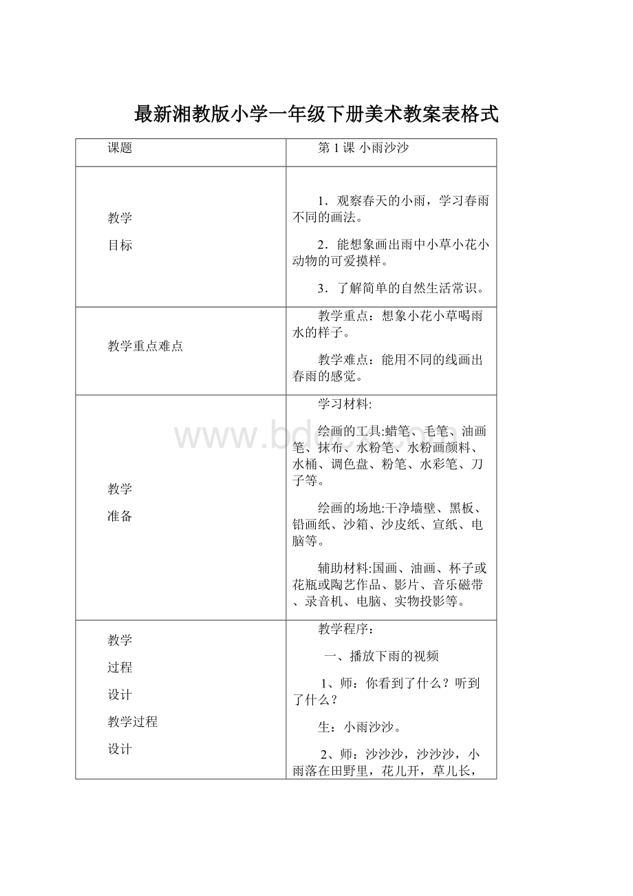 最新湘教版小学一年级下册美术教案表格式.docx_第1页