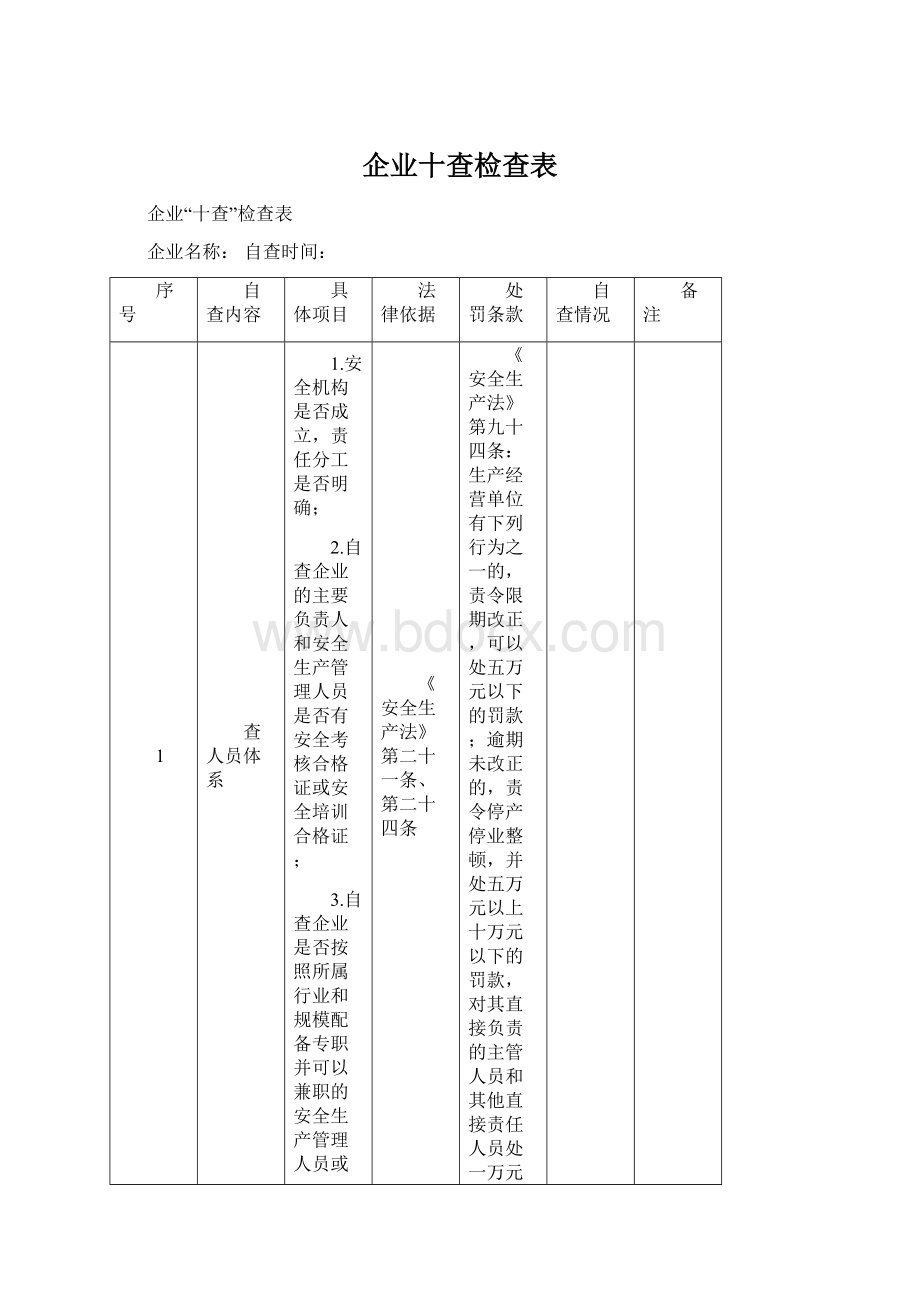 企业十查检查表文档格式.docx