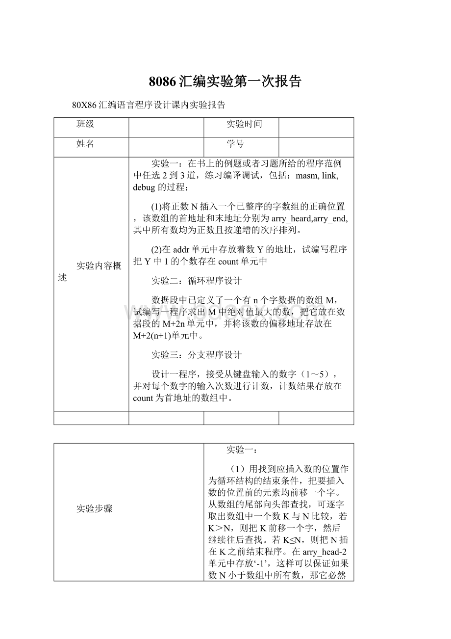 8086汇编实验第一次报告.docx