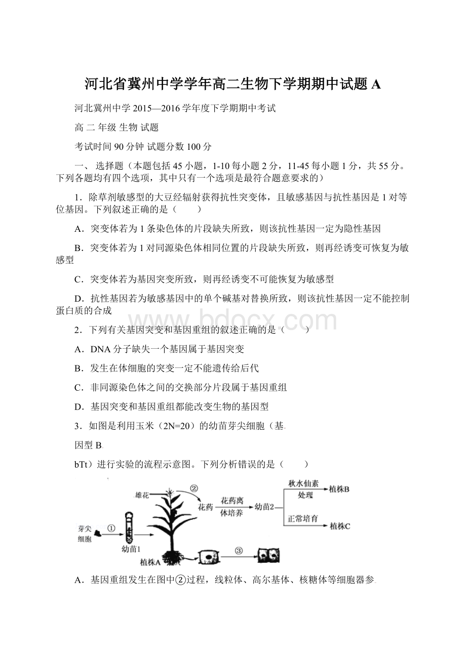 河北省冀州中学学年高二生物下学期期中试题A.docx