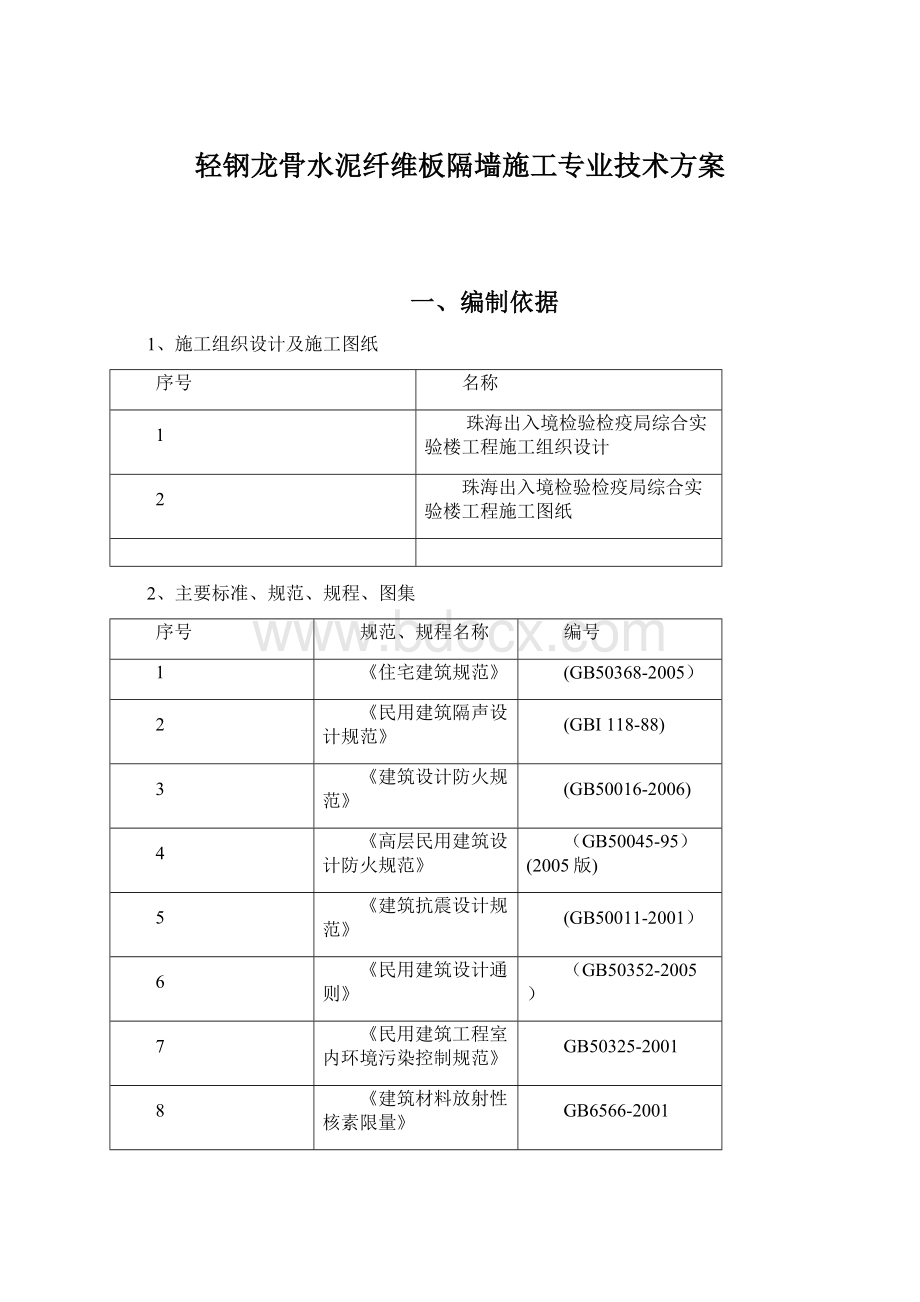 轻钢龙骨水泥纤维板隔墙施工专业技术方案.docx_第1页