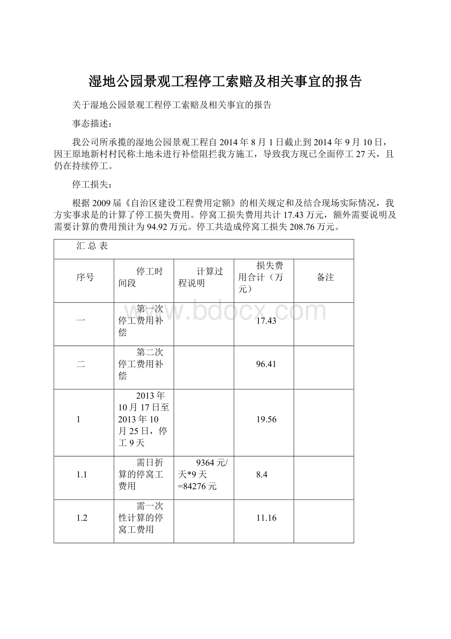 湿地公园景观工程停工索赔及相关事宜的报告.docx_第1页