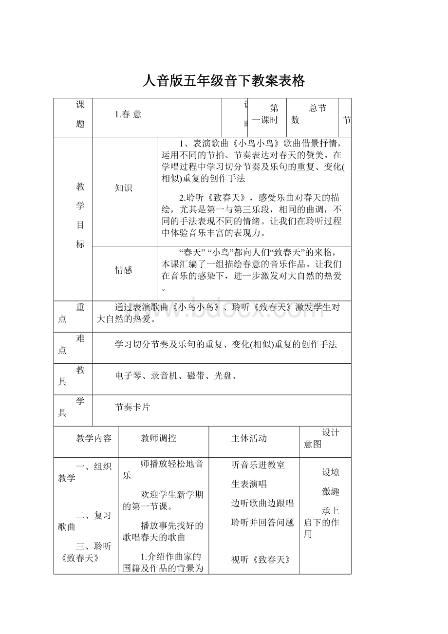 人音版五年级音下教案表格.docx_第1页